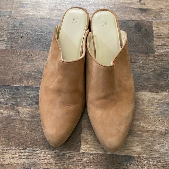 Nisolo Mules Clogs Mariella Tan Sand Suede Leather Block Heels Wooden Almond Toe - Picture 8 of 9